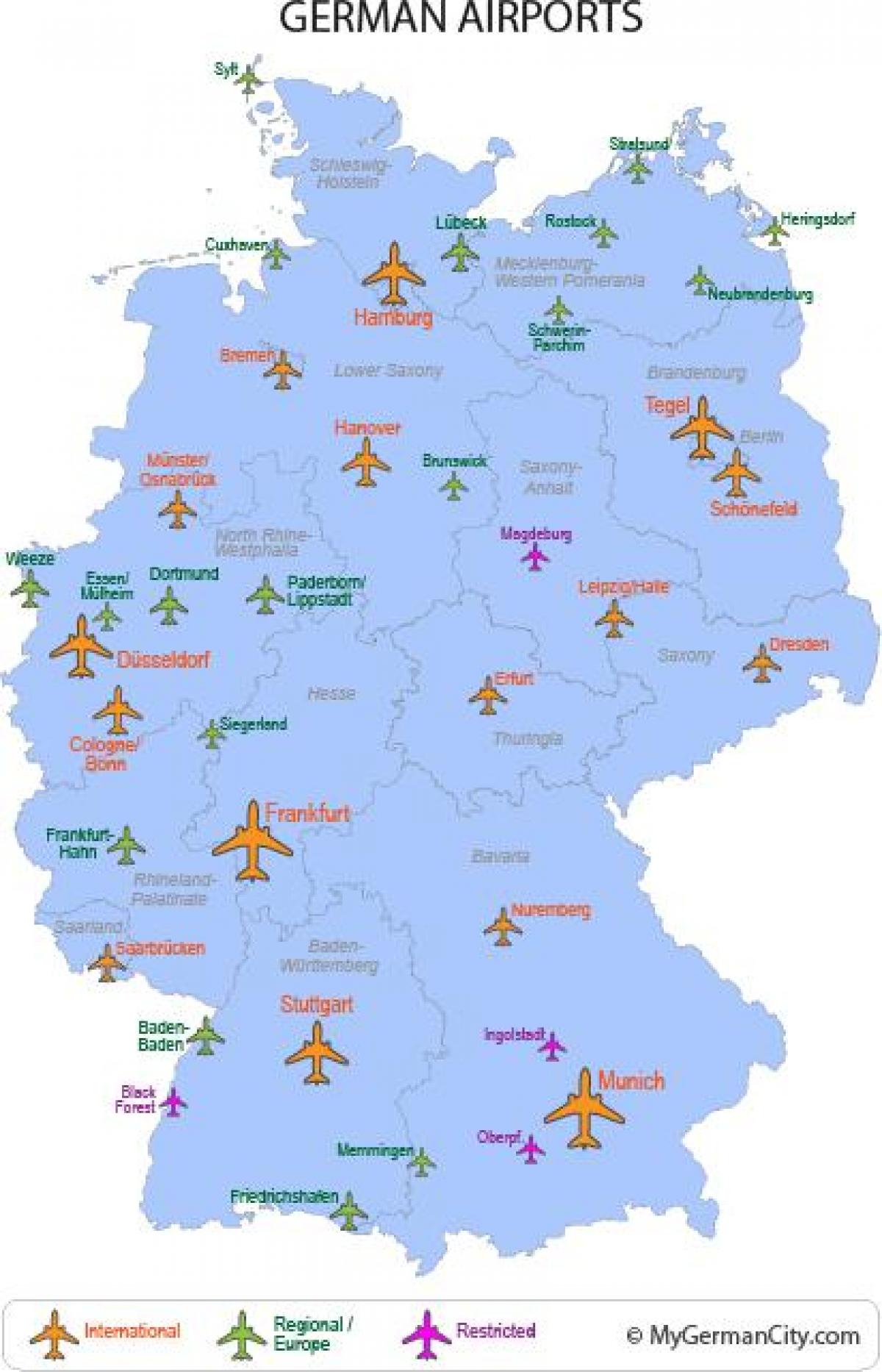 les principaux aéroports en Allemagne carte